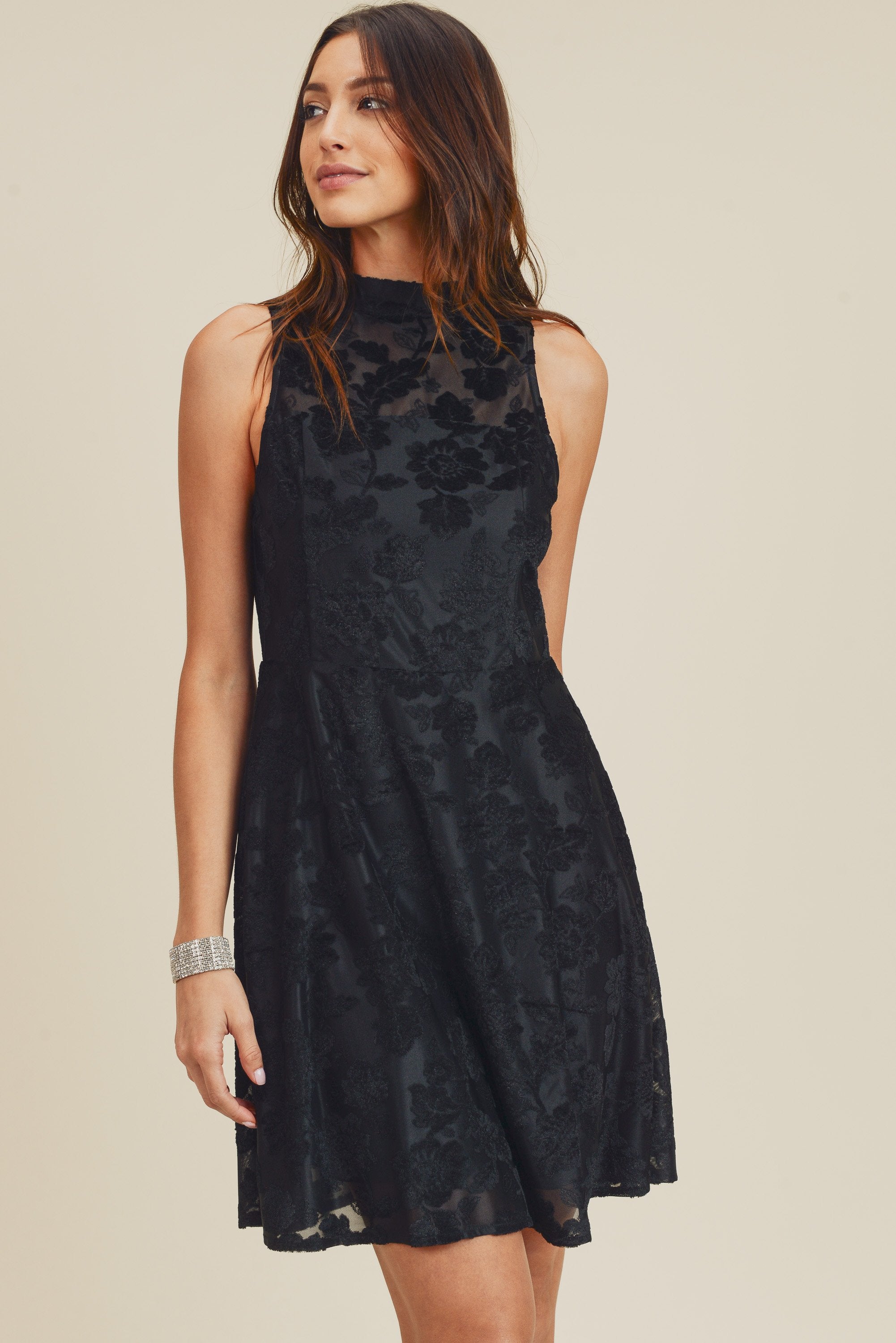 Short Mock Neck Burn Out Velvet Dress