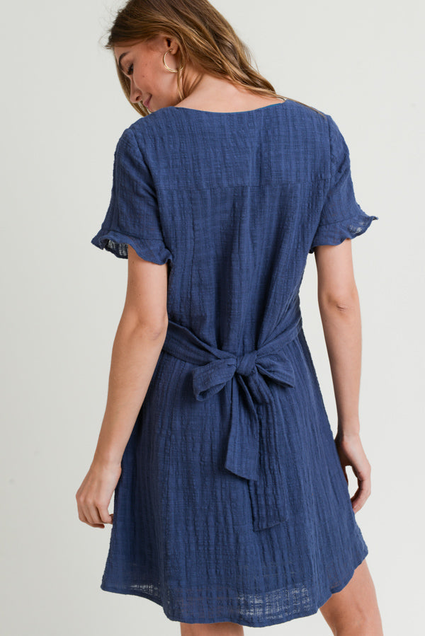 Short Sleeve Scoop Neck Button Down Dress