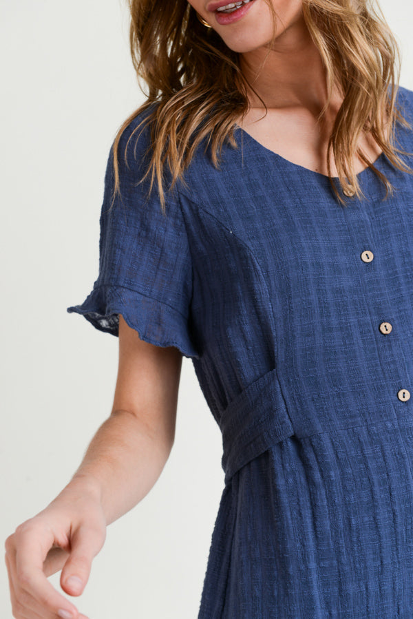 Short Sleeve Scoop Neck Button Down Dress