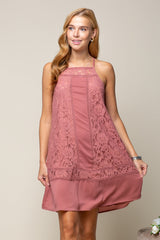 Short Mixed Lace High Neck Shift Dress