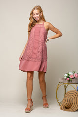 Short Mixed Lace High Neck Shift Dress