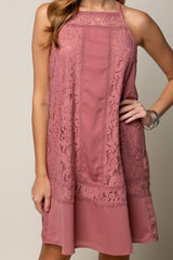 Short Mixed Lace High Neck Shift Dress