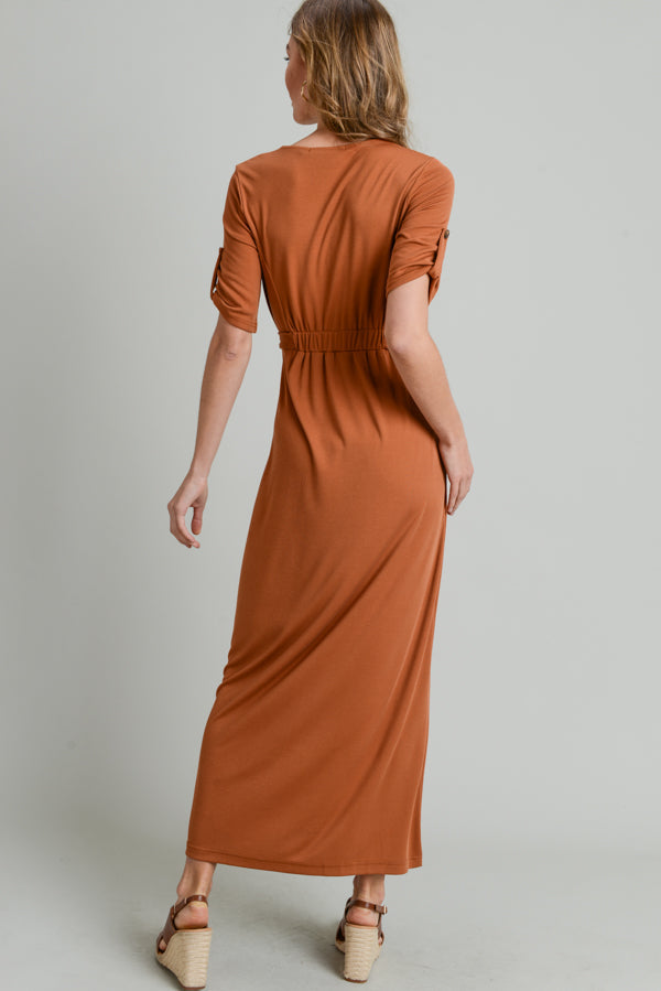 Short Sleeve Button Long Dress