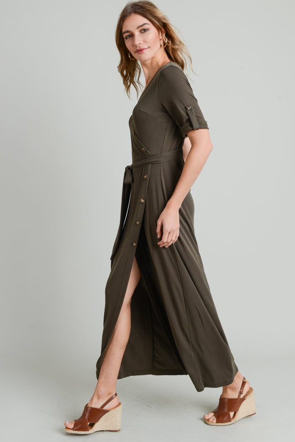 Short Sleeve Button Long Dress