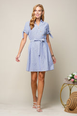 Short Sleeve Tie Stripe Shirt Dress