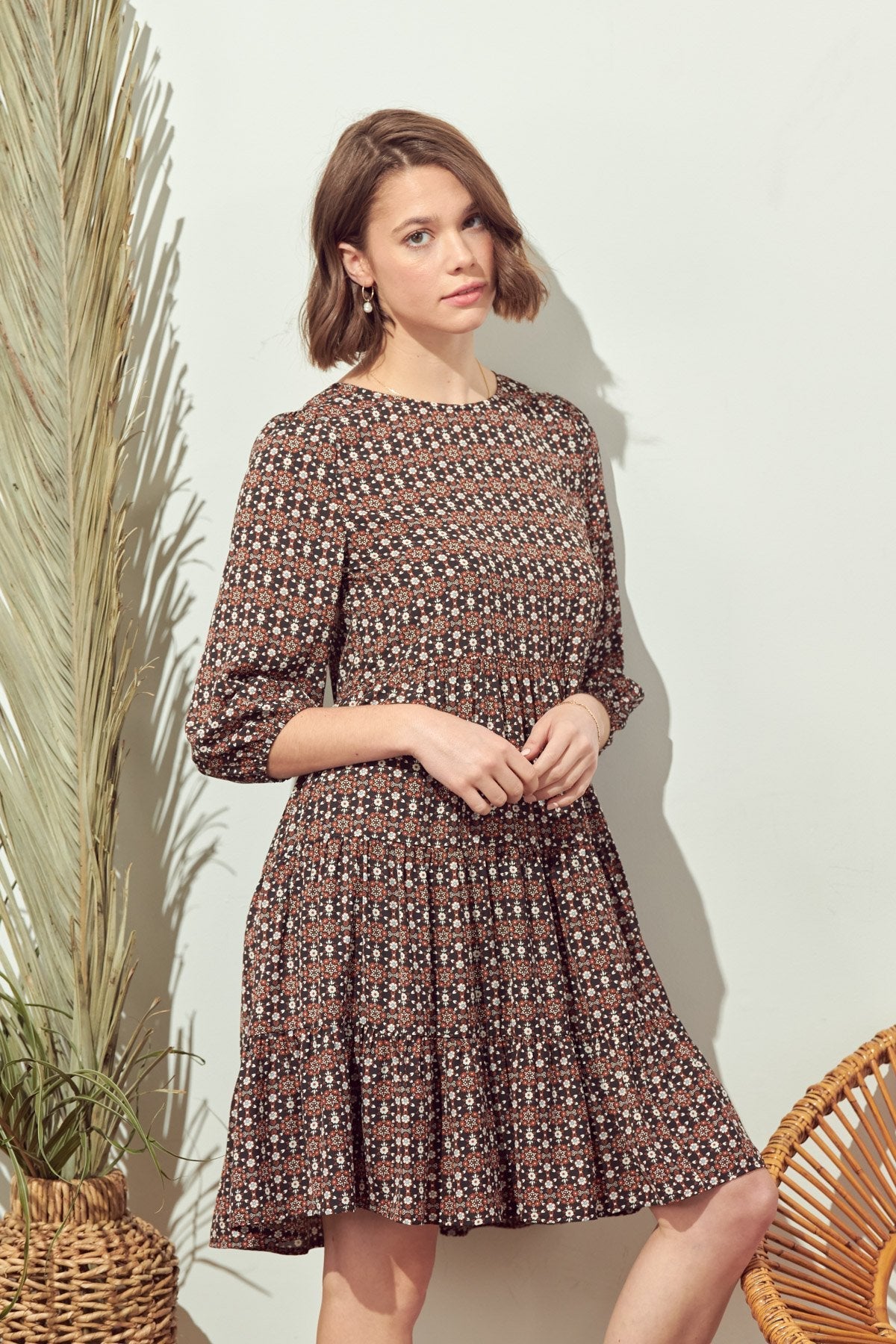 Short Boho Bubble Sleeve Tiered Dress
