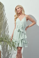 Short Spaghetti Strap Belt Bow Ruffle Dress