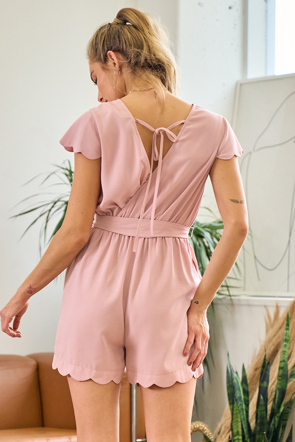 Short V Neck Scallop Romper