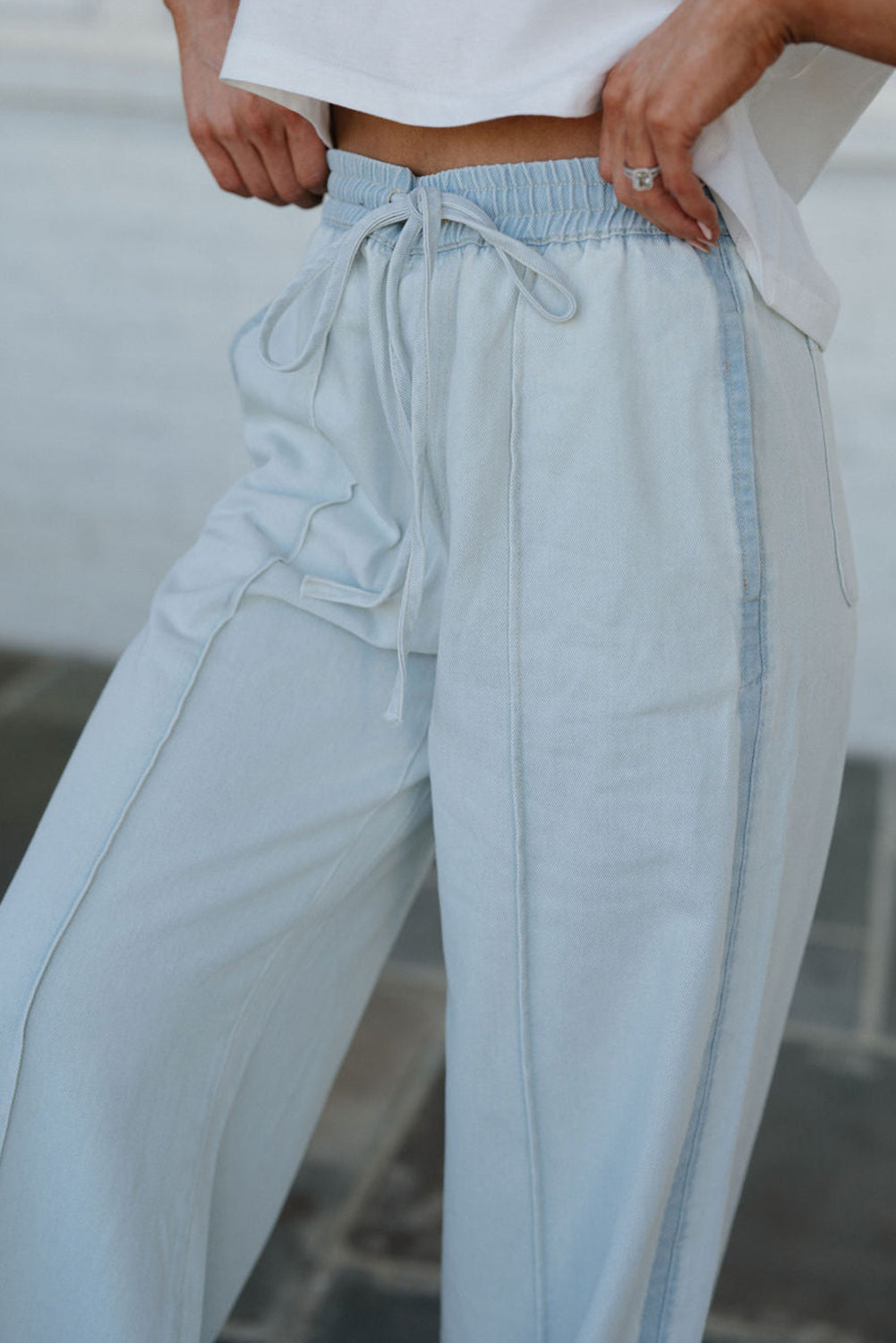 Beau Blue Light Wash Contrast Trim Center Seam Drawstring High Waist Wide Leg Denim Pants