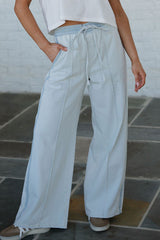 Beau Blue Light Wash Contrast Trim Center Seam Drawstring High Waist Wide Leg Denim Pants