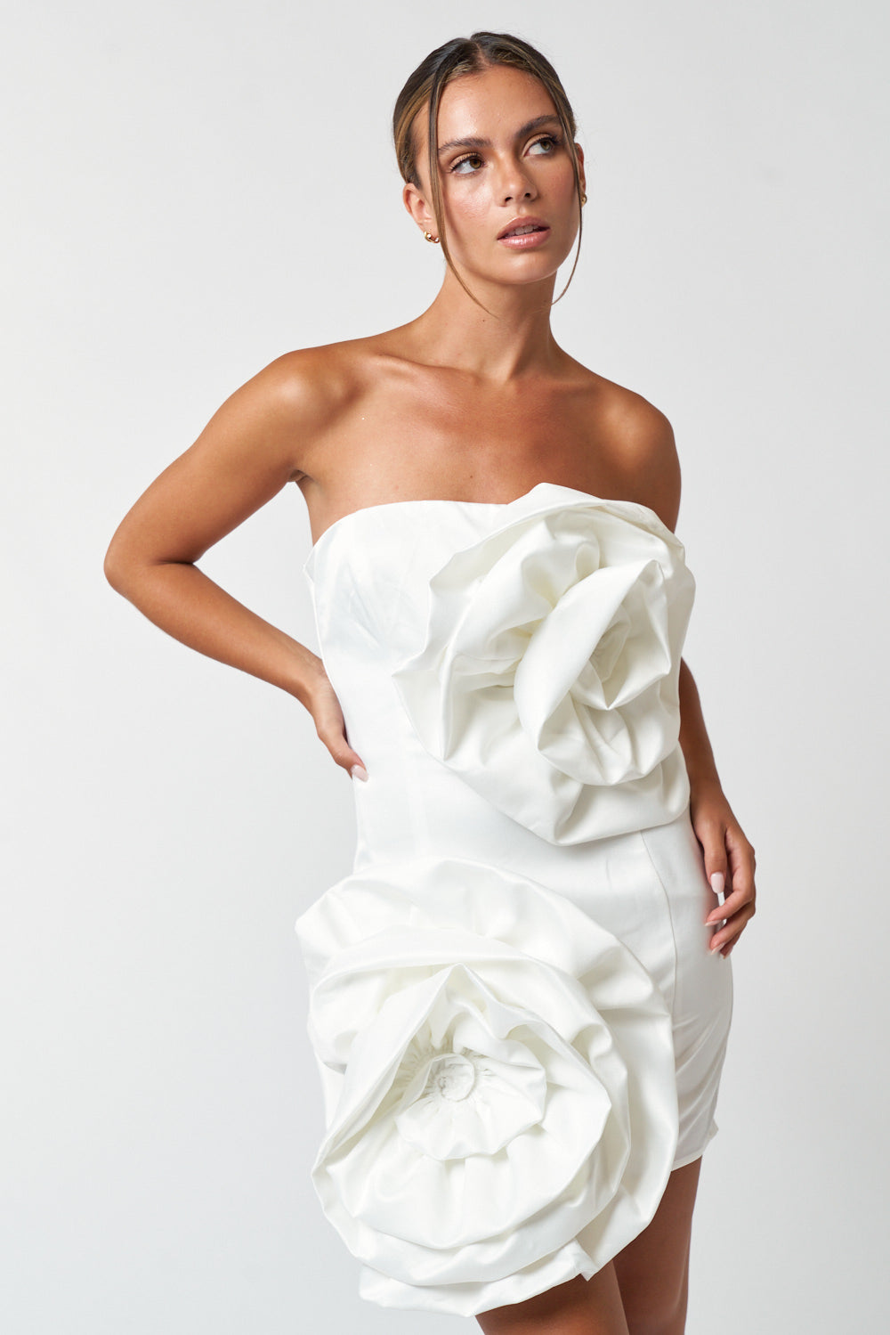 Short Strapless Rosette Satin Dress