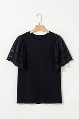 Black Hollow Out Embroidered Short Sleeve O Neck Top