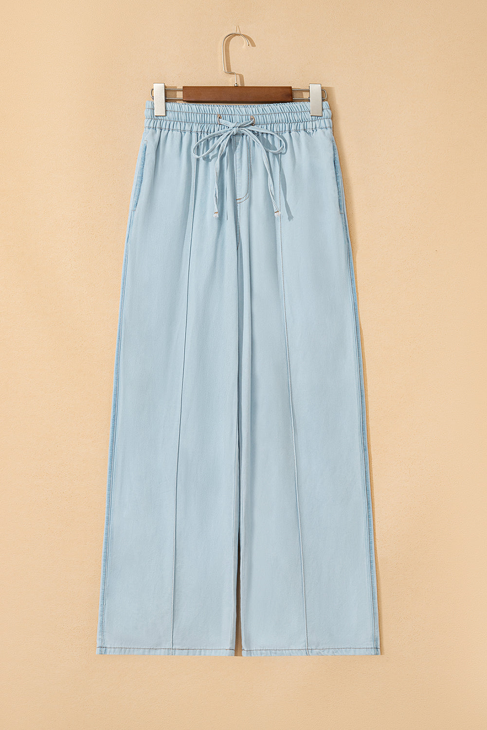 Beau Blue Light Wash Contrast Trim Center Seam Drawstring High Waist Wide Leg Denim Pants